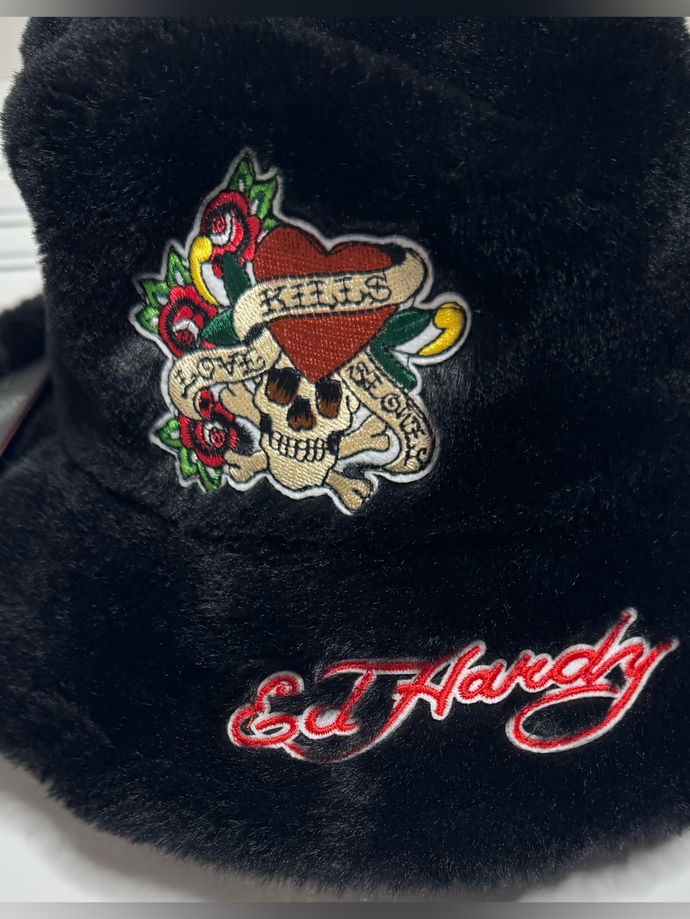 Ed Hardy Black Faux Fur Bucket Hat with Colorful Tattoo Patch velvet one size - Picture 3 of 4